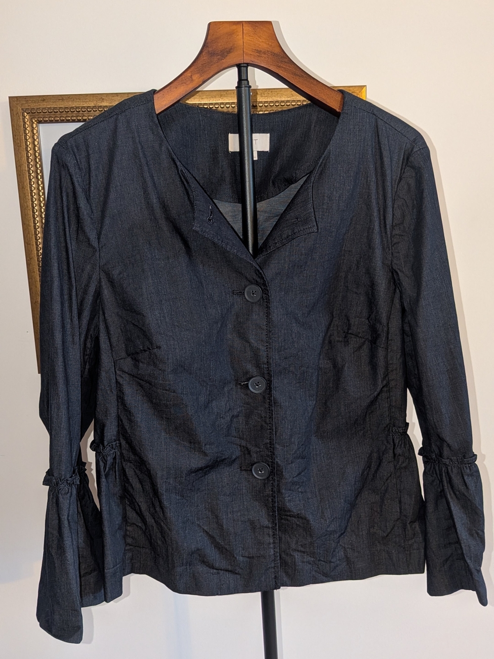 LOFT Dark Denim Chambray Jacket Ruffle Hem Bell Sleeve Blazer Size M